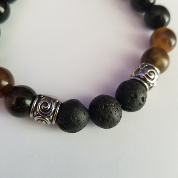 Gemstone beads stretch bracelet black orange lava silver tone - Picture 5 of 9